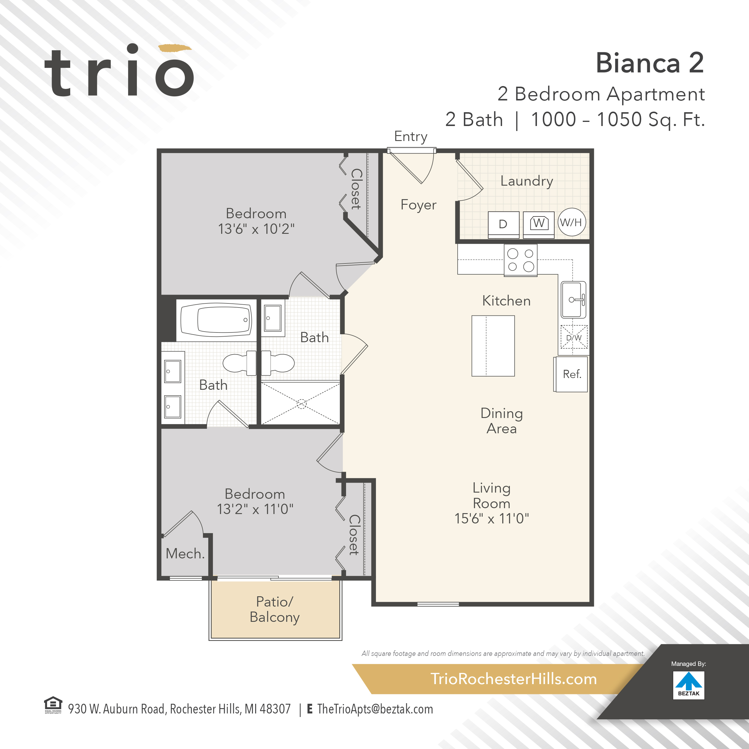 Floor plan for 2 beds, 2 baths, 1000 sqft